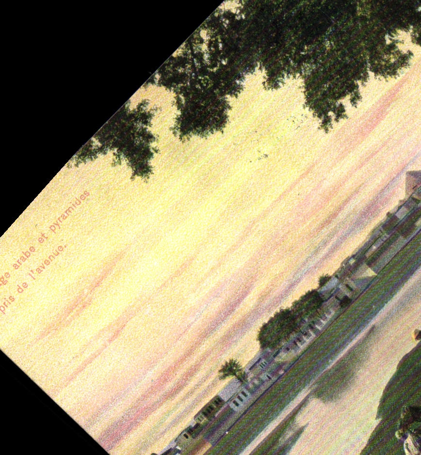 Vue arabe et pyramides — pris de l'avenue — Éditeur Max H. Rudmann, Le Caire