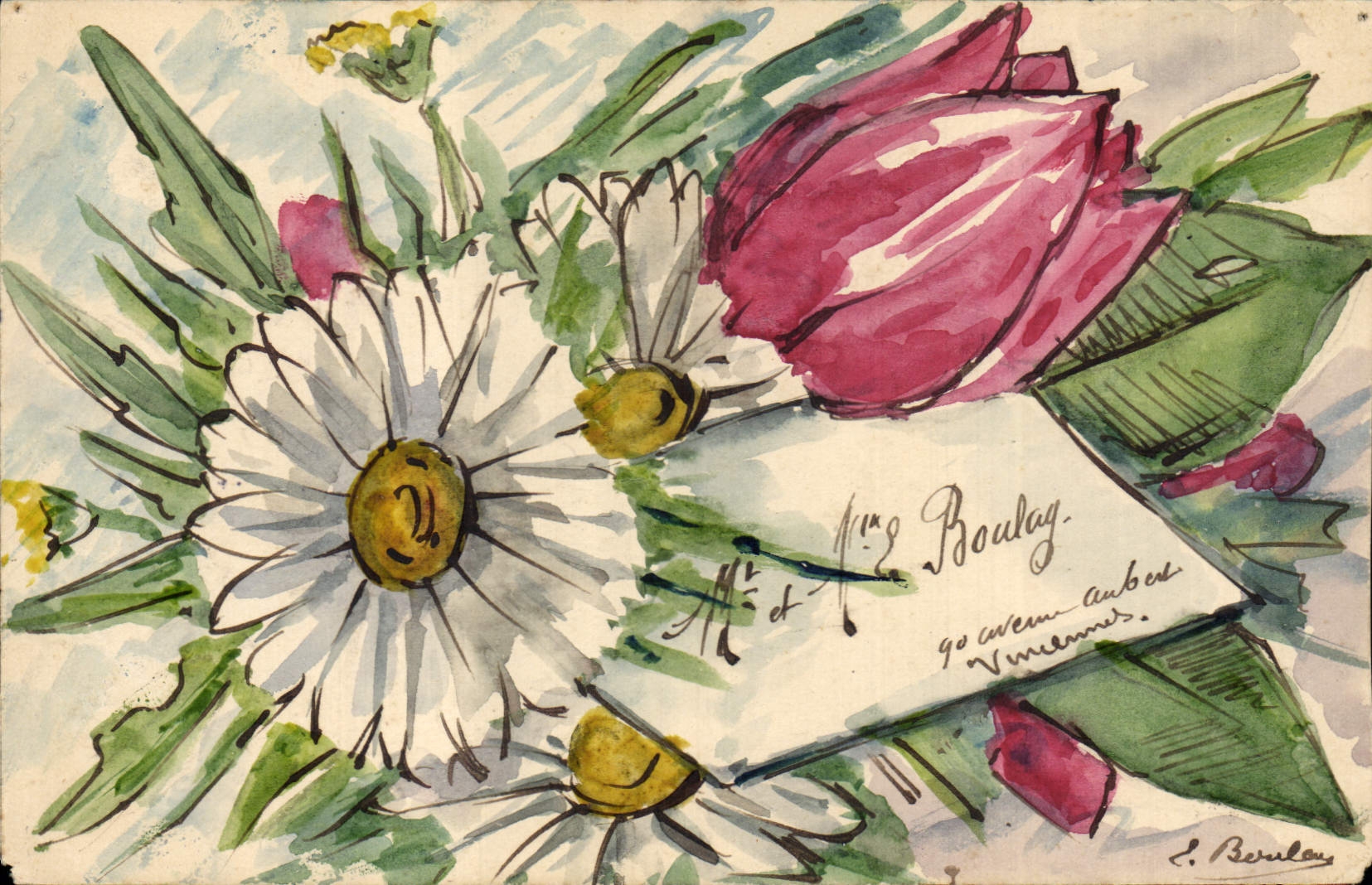 Fleurs — bouquet de marguerites et tulipe — S. Beruloy