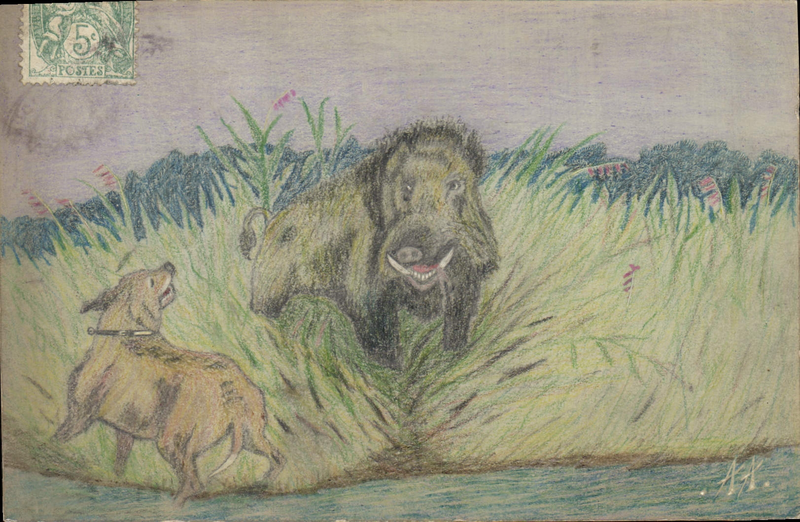 Chasse au sanglier — dessin à la pastel — éditeur Union Postale Universelle