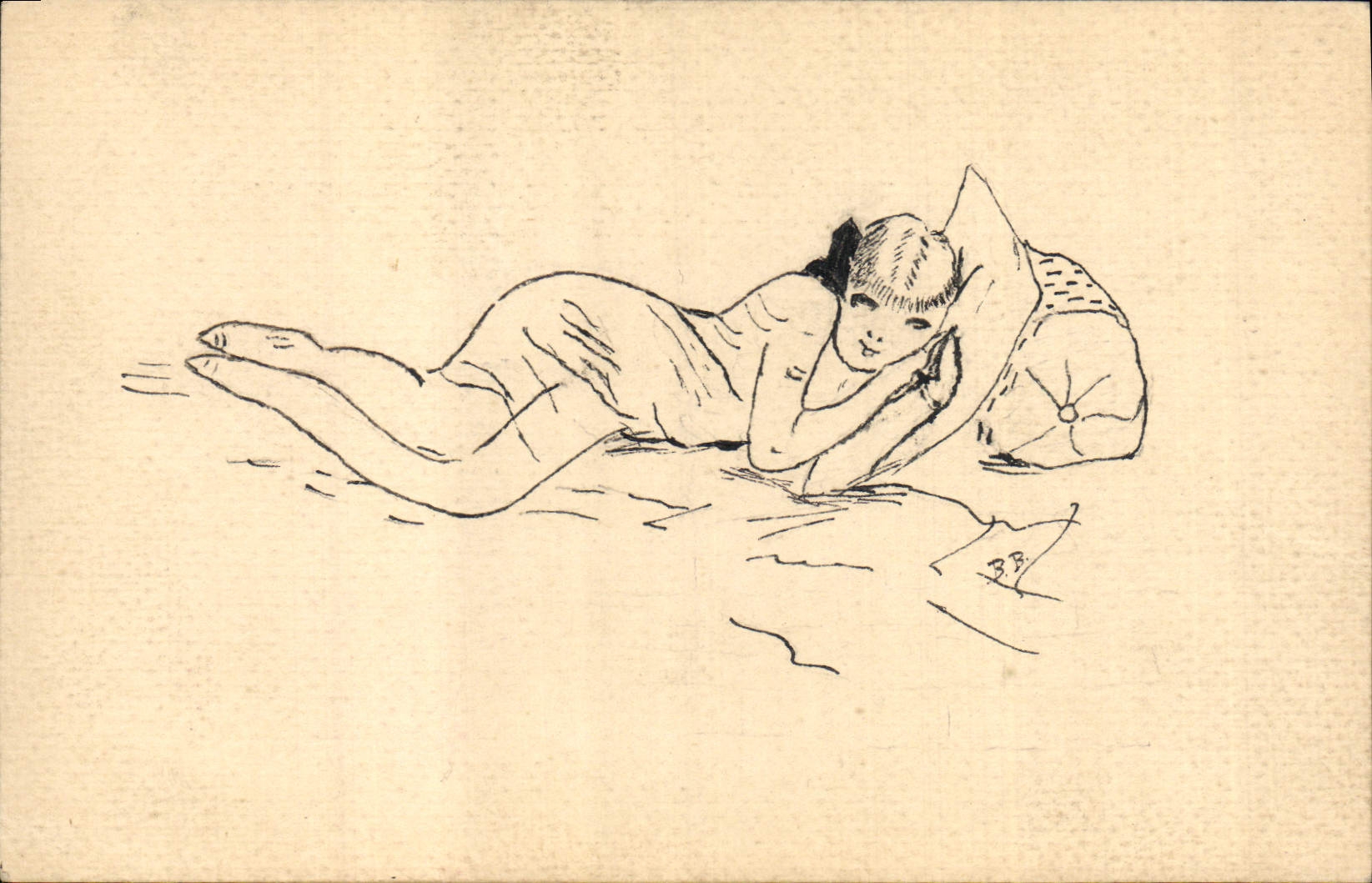 Jeune femme nue allongée — dessin au trait — signé BB