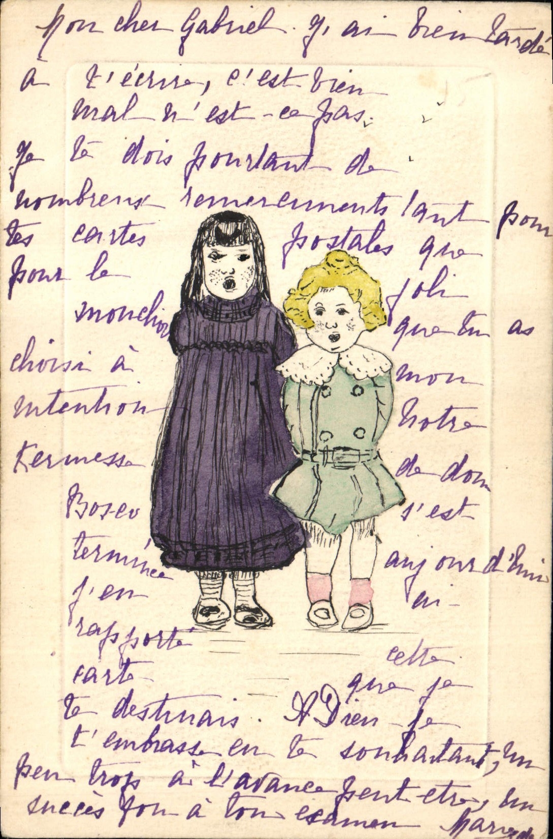 Deux enfants — dessin et message manuscrit — éditeur inconnu