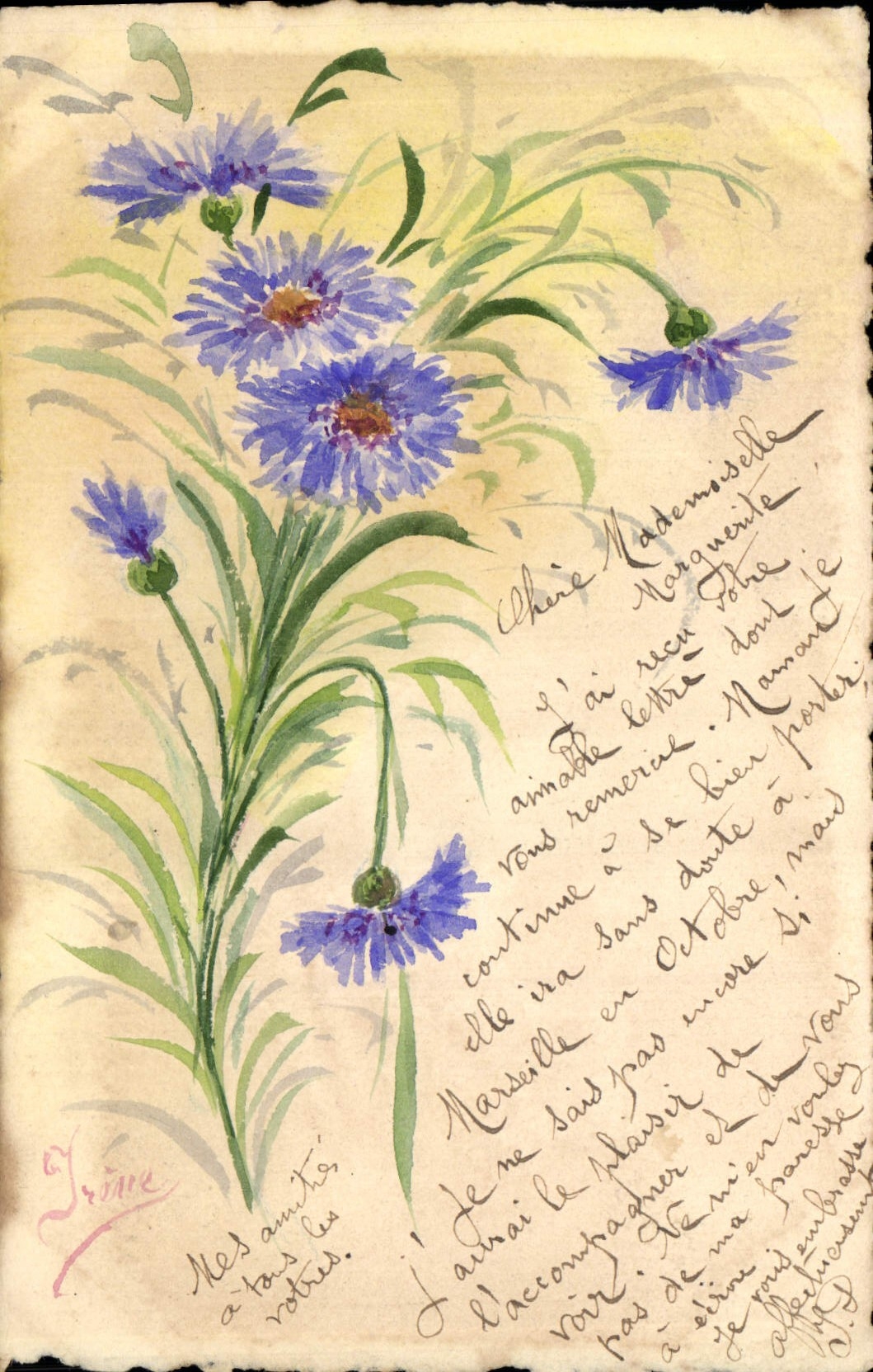 Fleurs bleues — dessin à l'aquarelle — éditeur inconnu, n° de série non visible