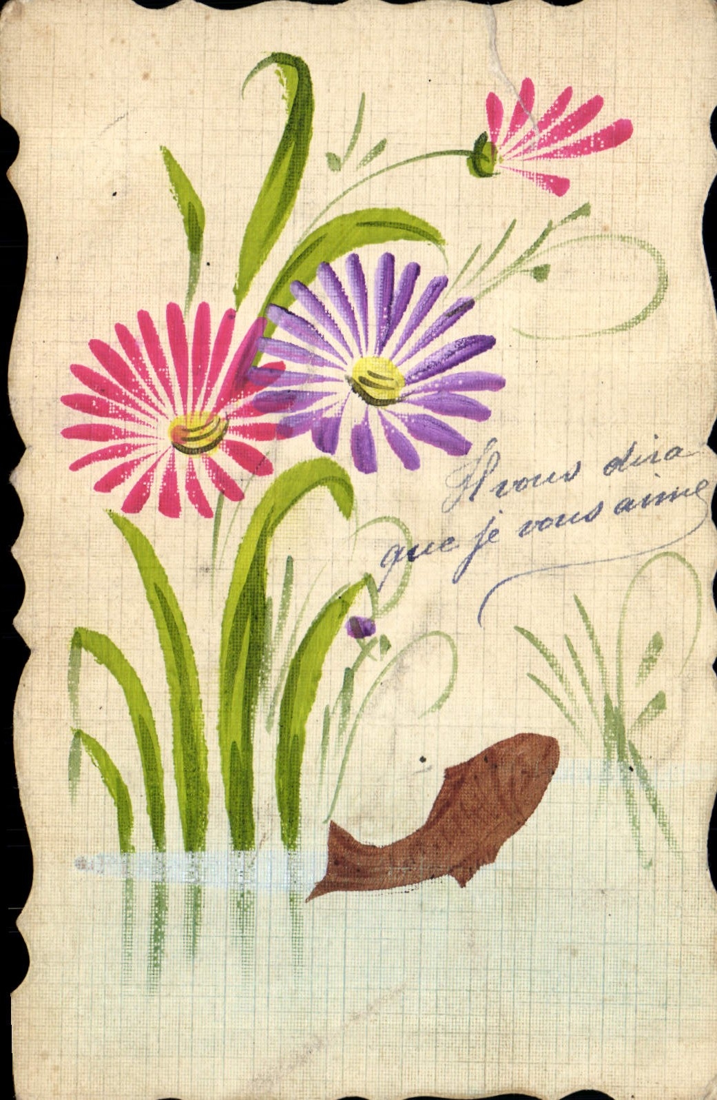 Fleurs et poisson — dessin à l'aquarelle — Carte postale