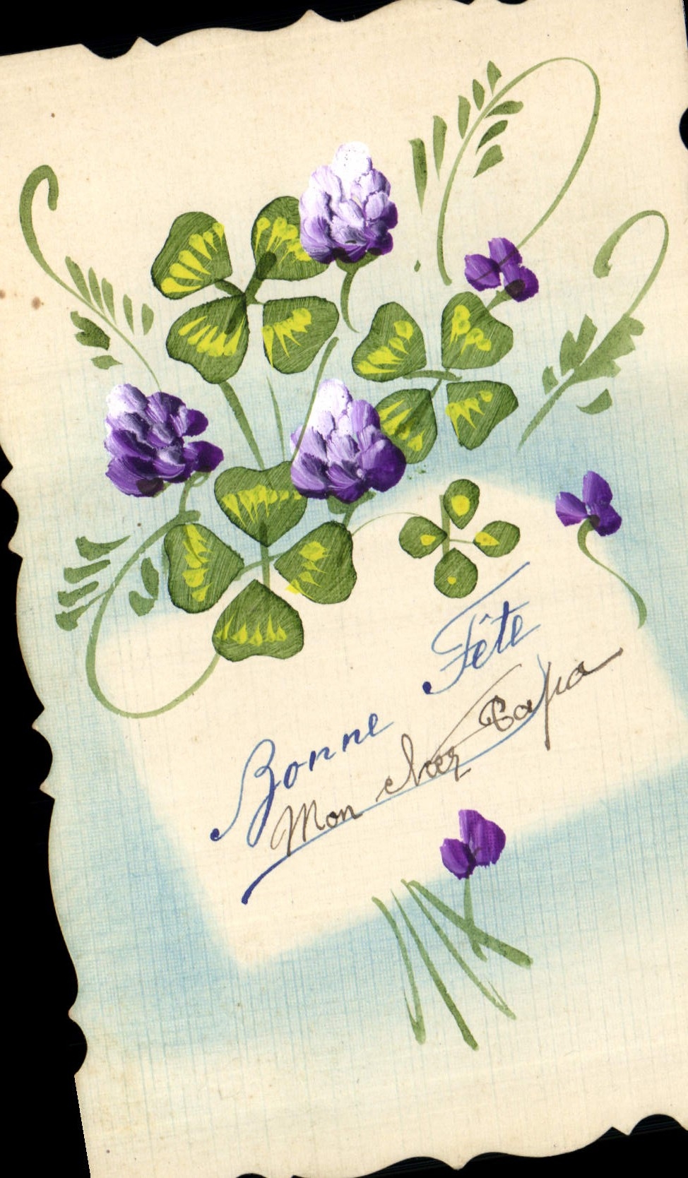 Fleurs de trèfle — Bonne Fête — Mon cher Bafia — Carte postale datée 18 V. 1917