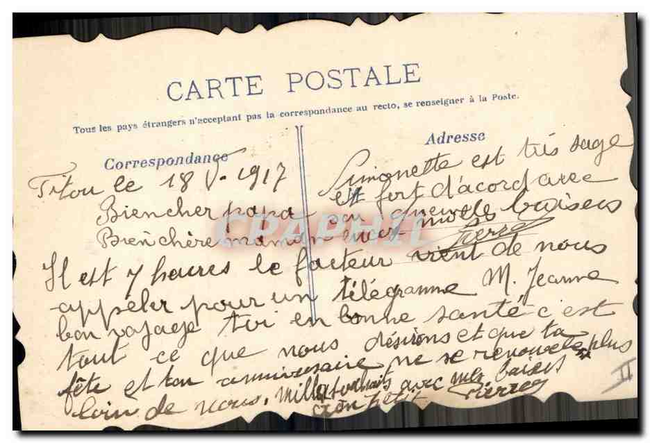 Fleurs de trèfle — Bonne Fête — Mon cher Bafia — Carte postale datée 18 V. 1917 — Verso