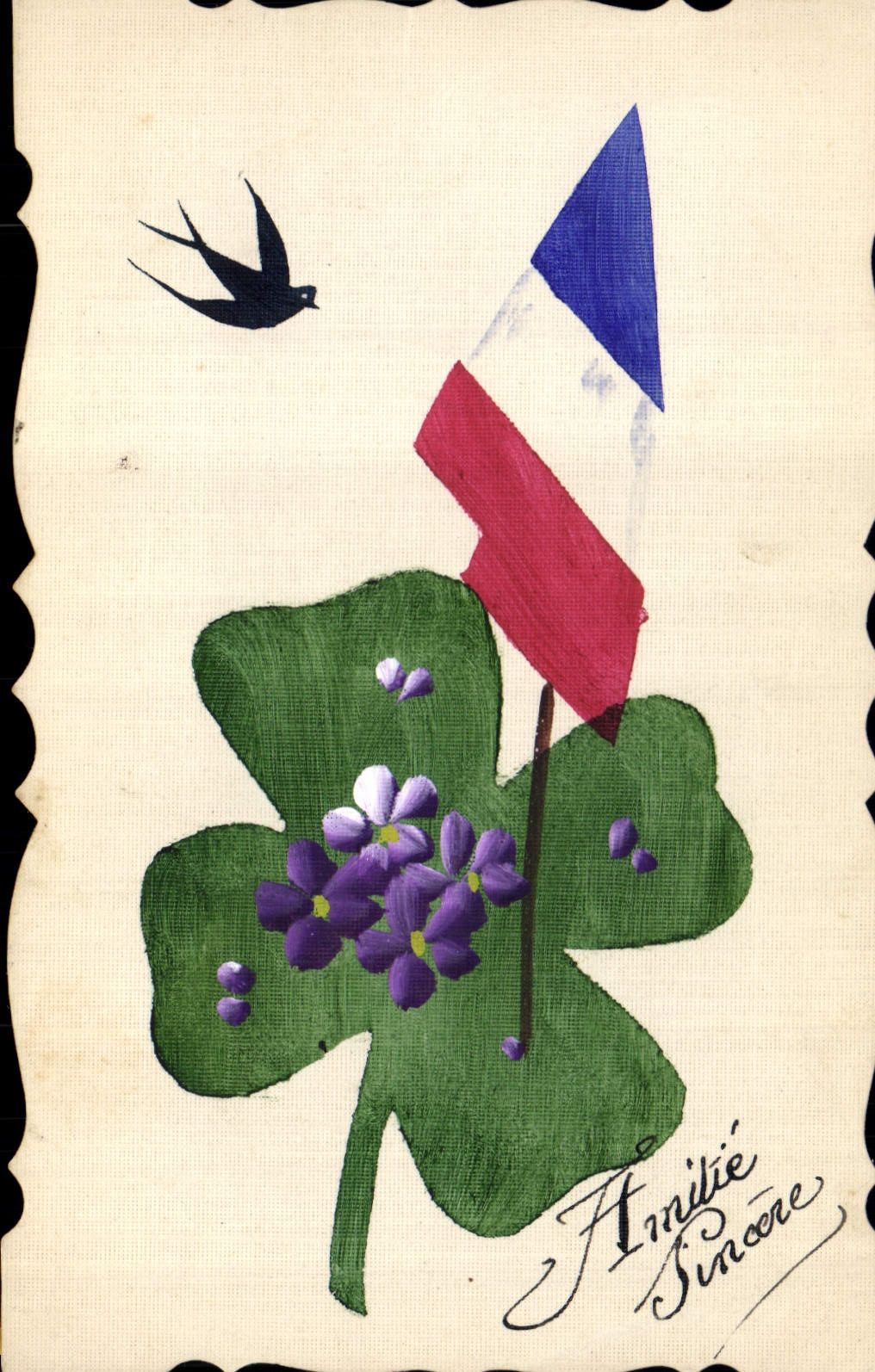 Fleur de trèfle et drapeau français — Amitié Sincère — sans éditeur ni numéro visible