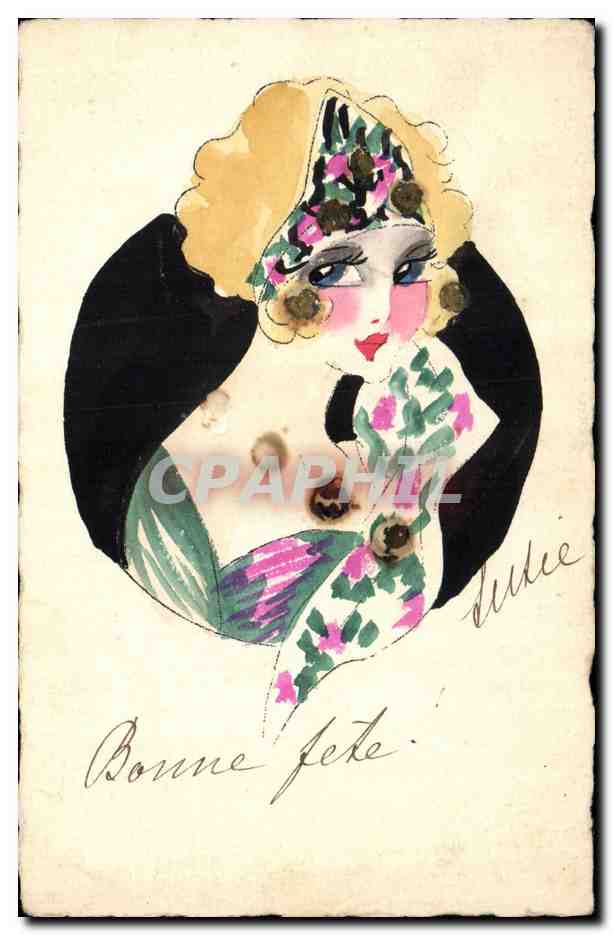 Femme en chapeau fleuri — illustration artistique — signée 'Duluc'