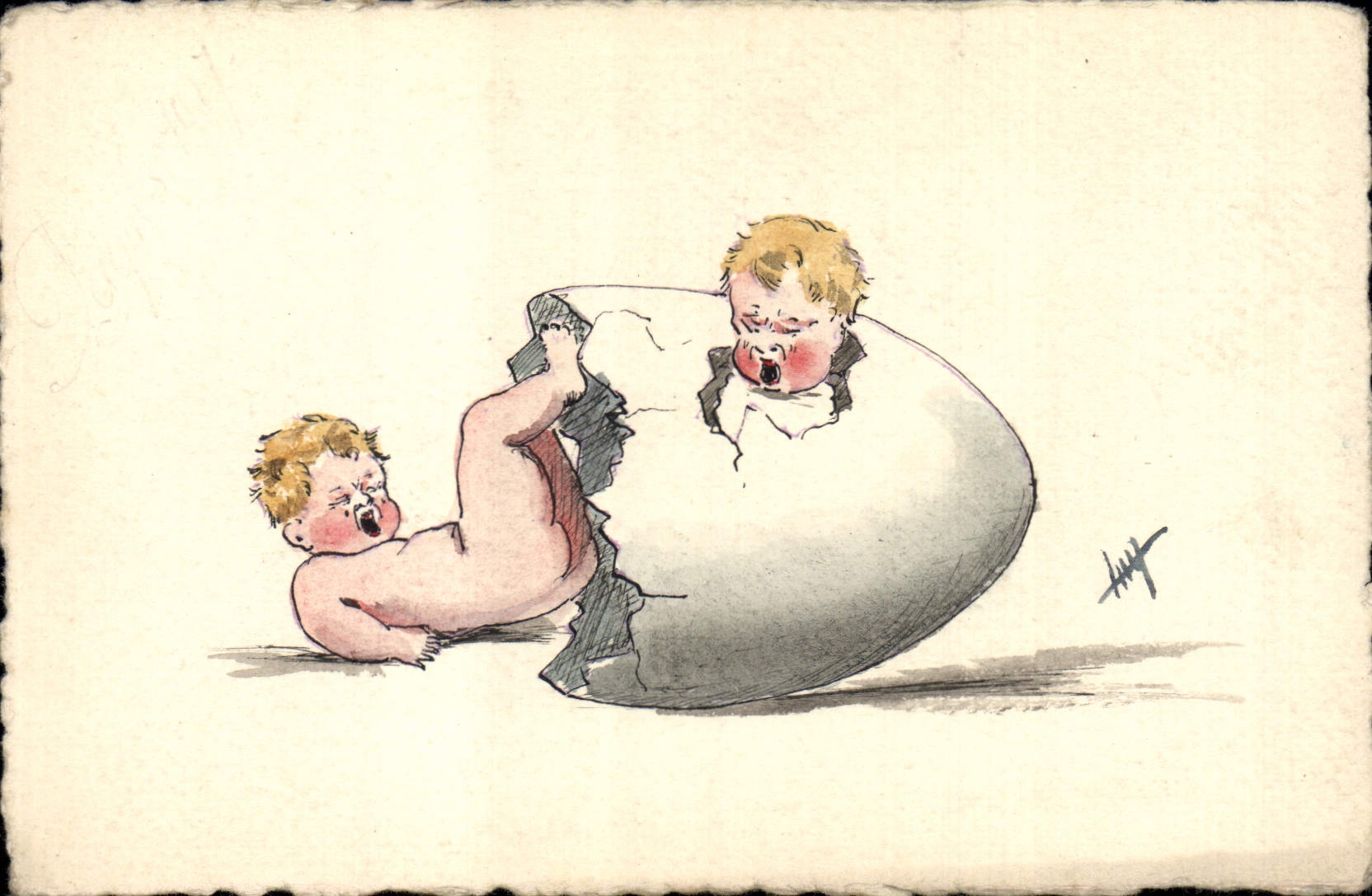 Due bambini — uscendo da un uovo — disegno firmato 'Huet'