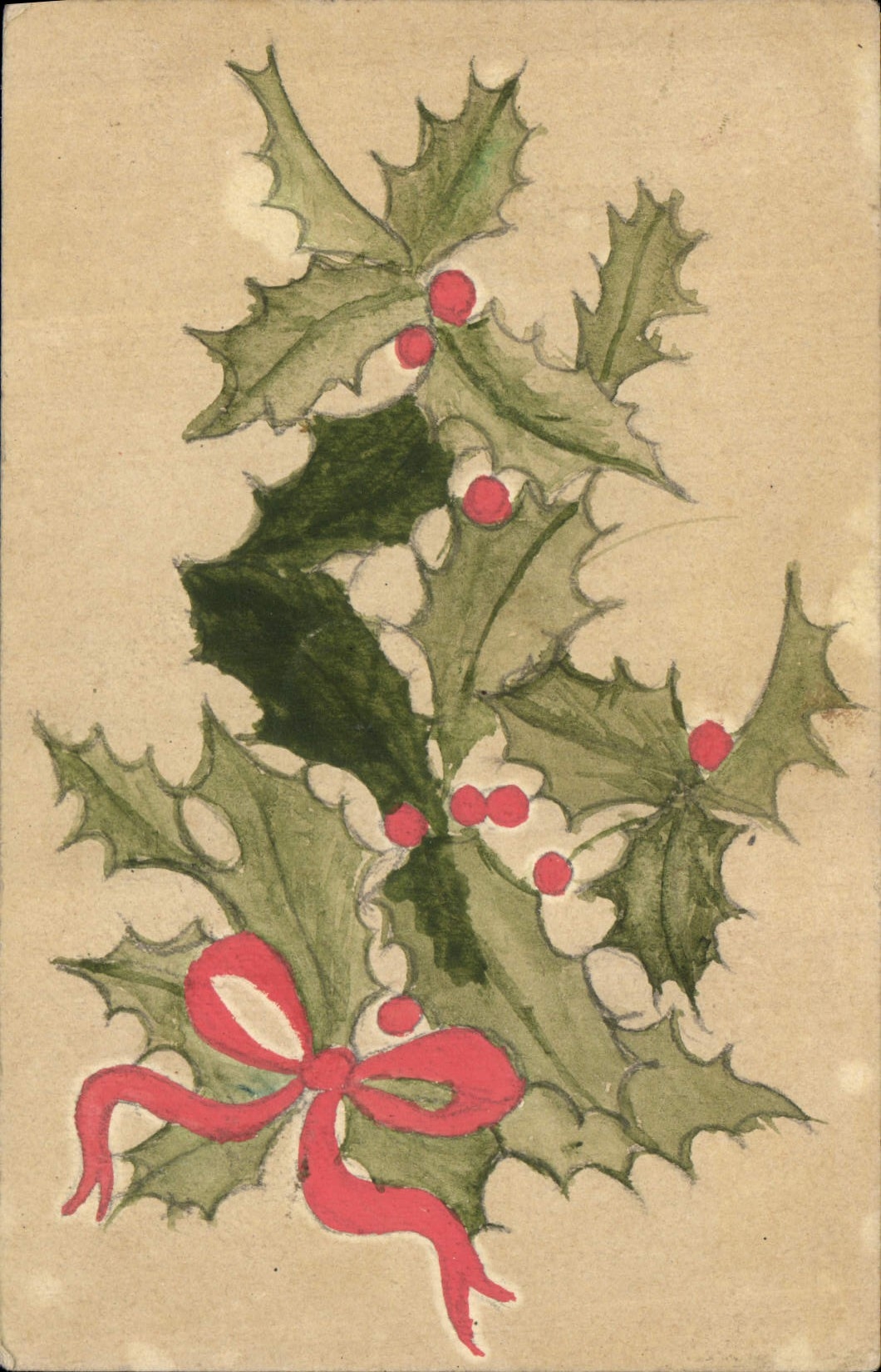 Houx et ruban rouge — carte de vœux — éditeur non visible