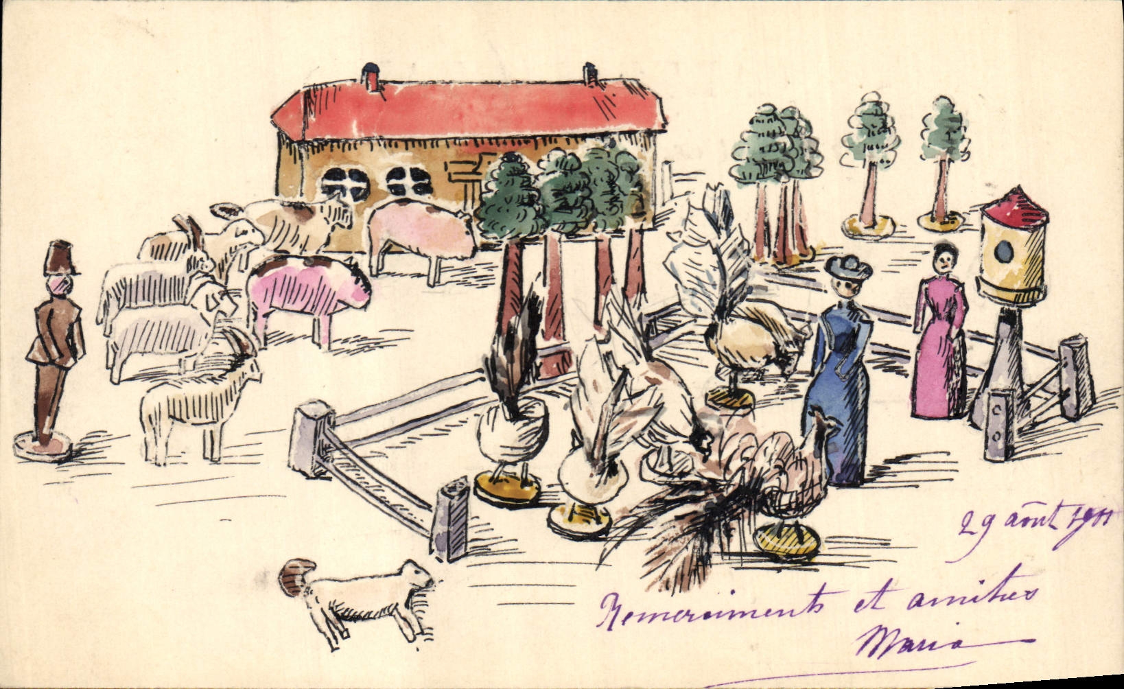 Ferme et animaux — dessin coloré — Imprimerie Postale