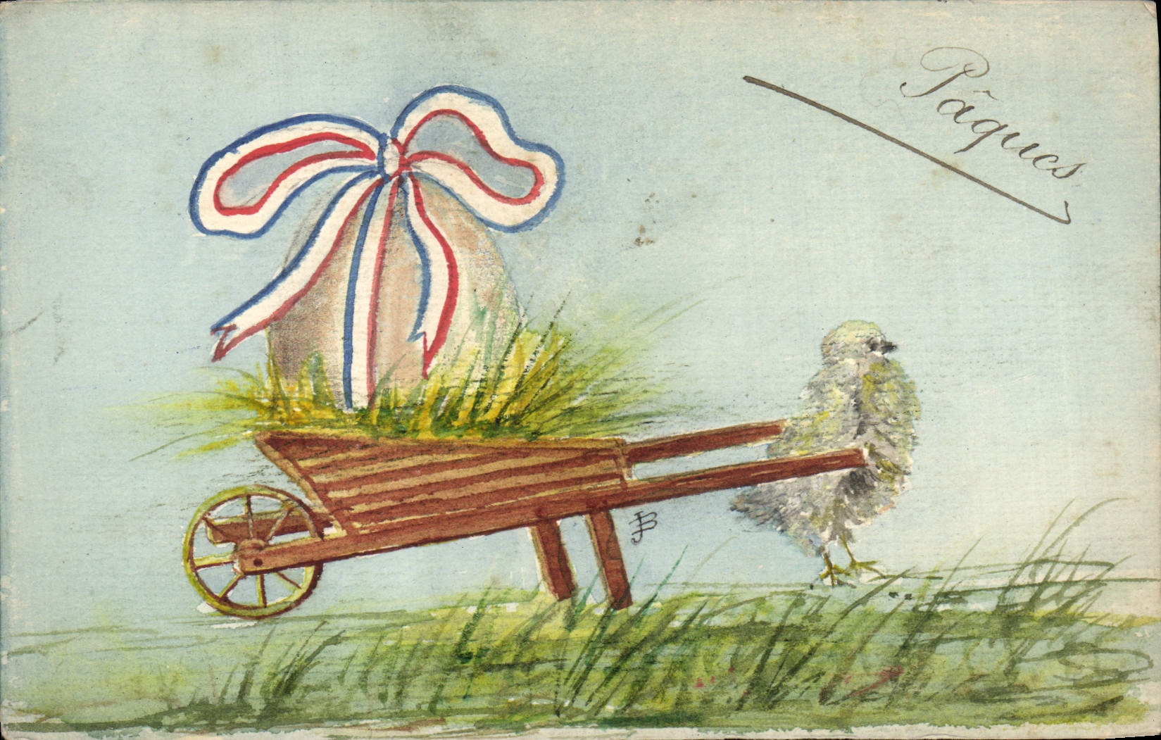 Pâques — œuf décoré et poussin dans un chariot — J.B. (signature) — CPAPHIL n° III