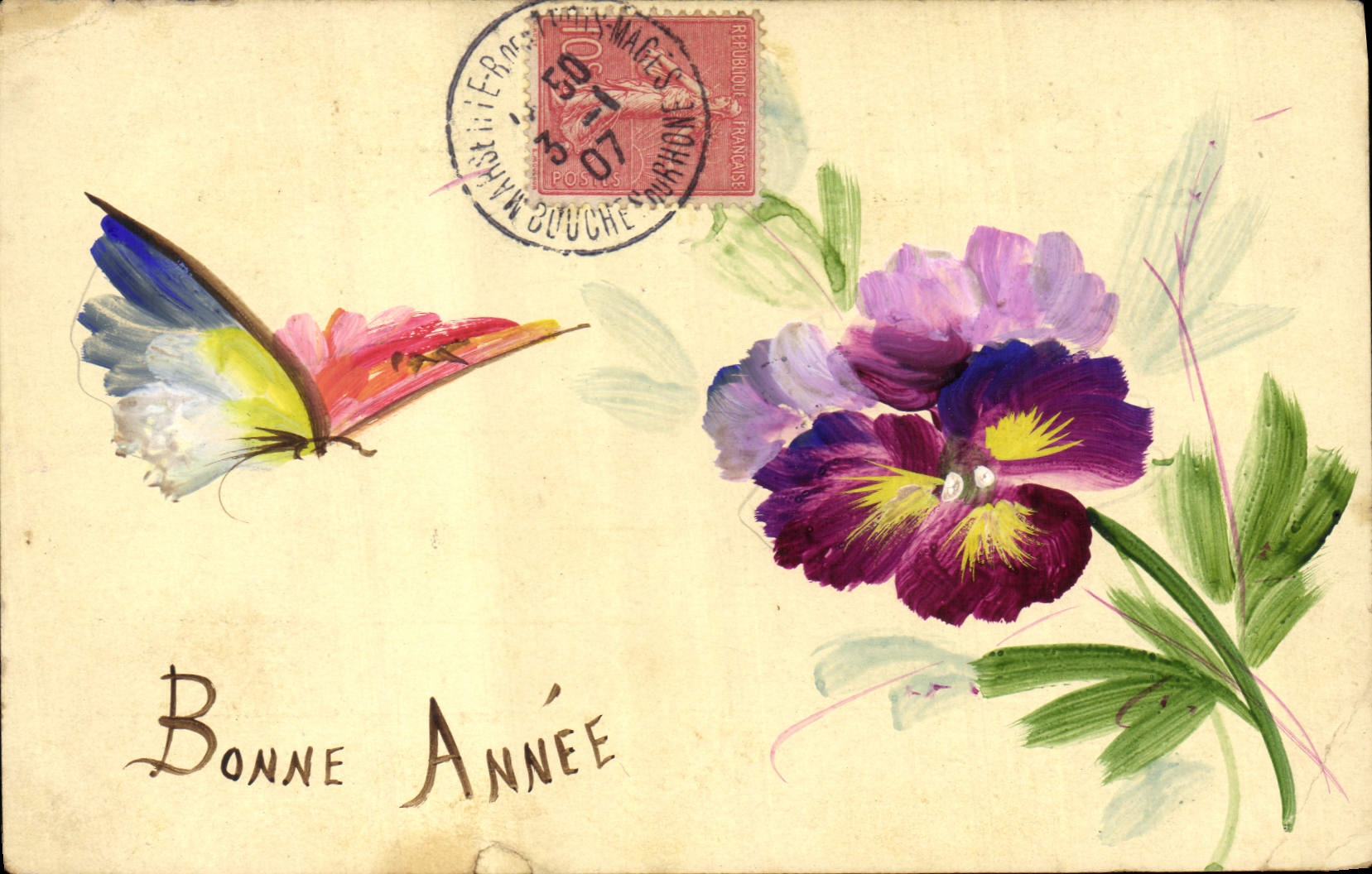 CPA Fantaisie (dessin a la main) Fleurs Papillon