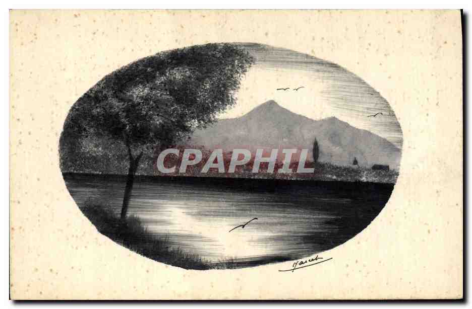 Paysage lacustre avec montagne — dessin à l'encre — signé 'G. Faraud'