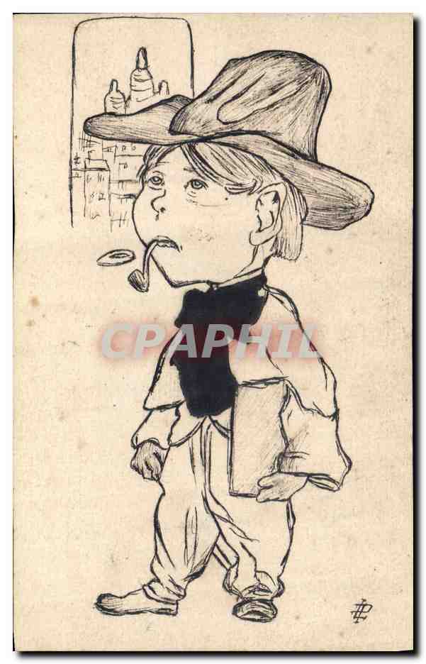 Enfant caricature — chapeau et pipe — dessin de l'artiste 'AE'