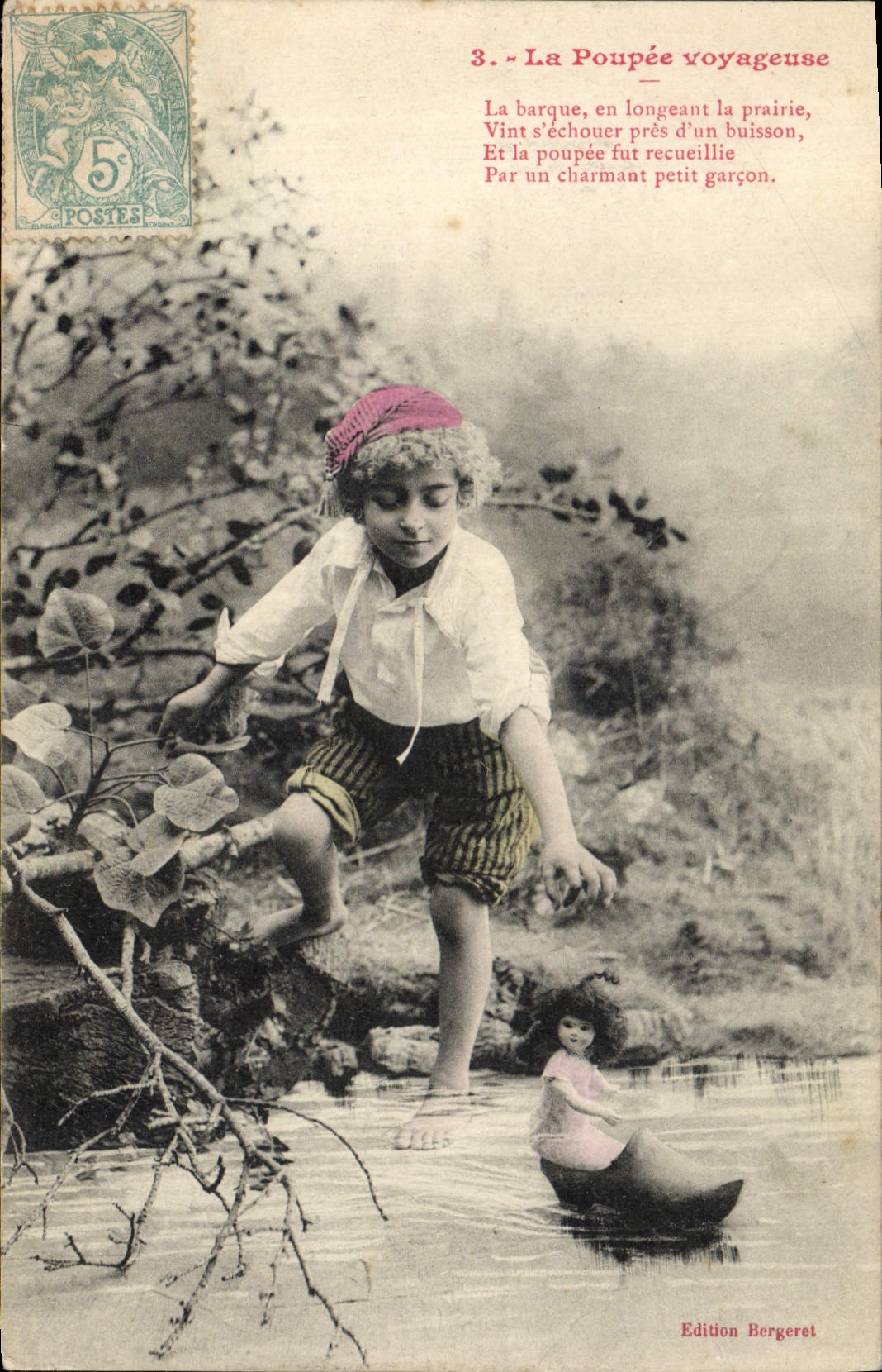 CPA Fantaisie Poupee  La poupee voyageuse La barque en longeant la prairie Vint s'ecoucher pres d'un