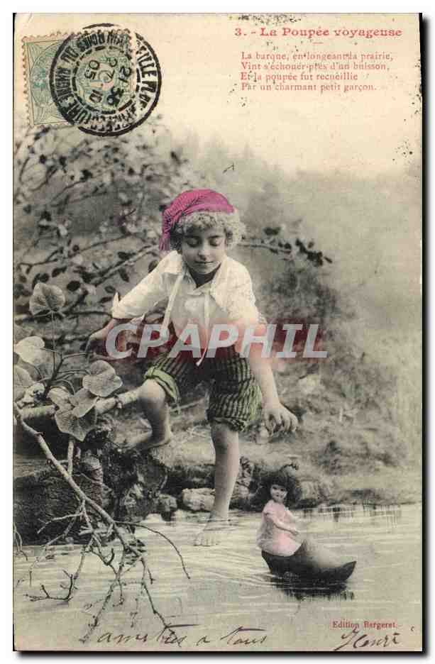 CPA Fantaisie Poupee  La poupee voyageuse La barque en longeant la prairie Vint s'ecoucher pres d'un