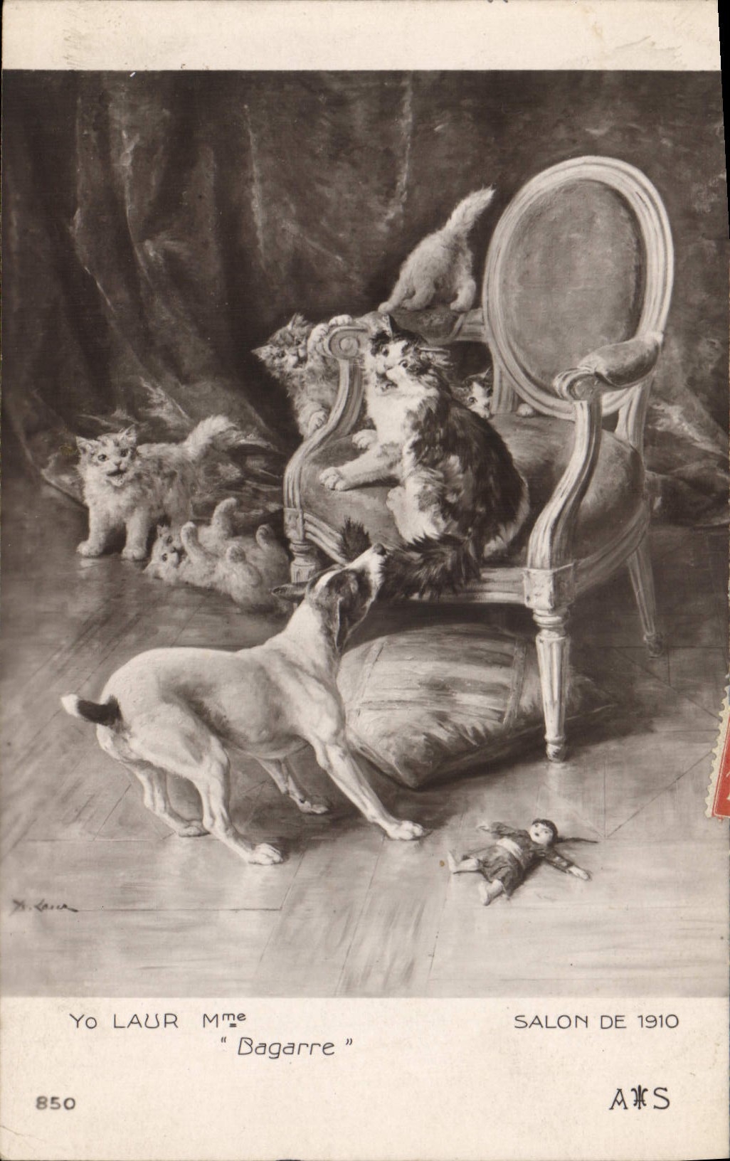 CPA Fantaisie Poupee  Yo Laur Mme Bagarre Salon de 1910 Chat Chien 
