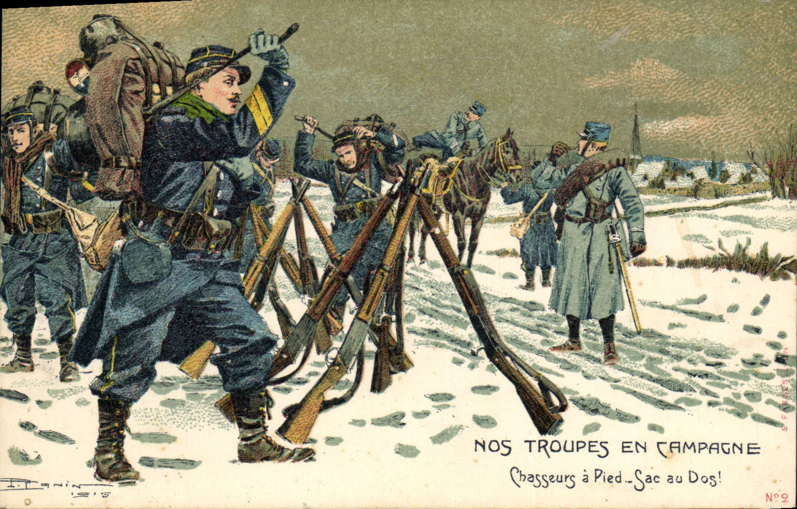 CPA Militaria Nos troupes en campagne Chasseurs a pied Sac au dos 