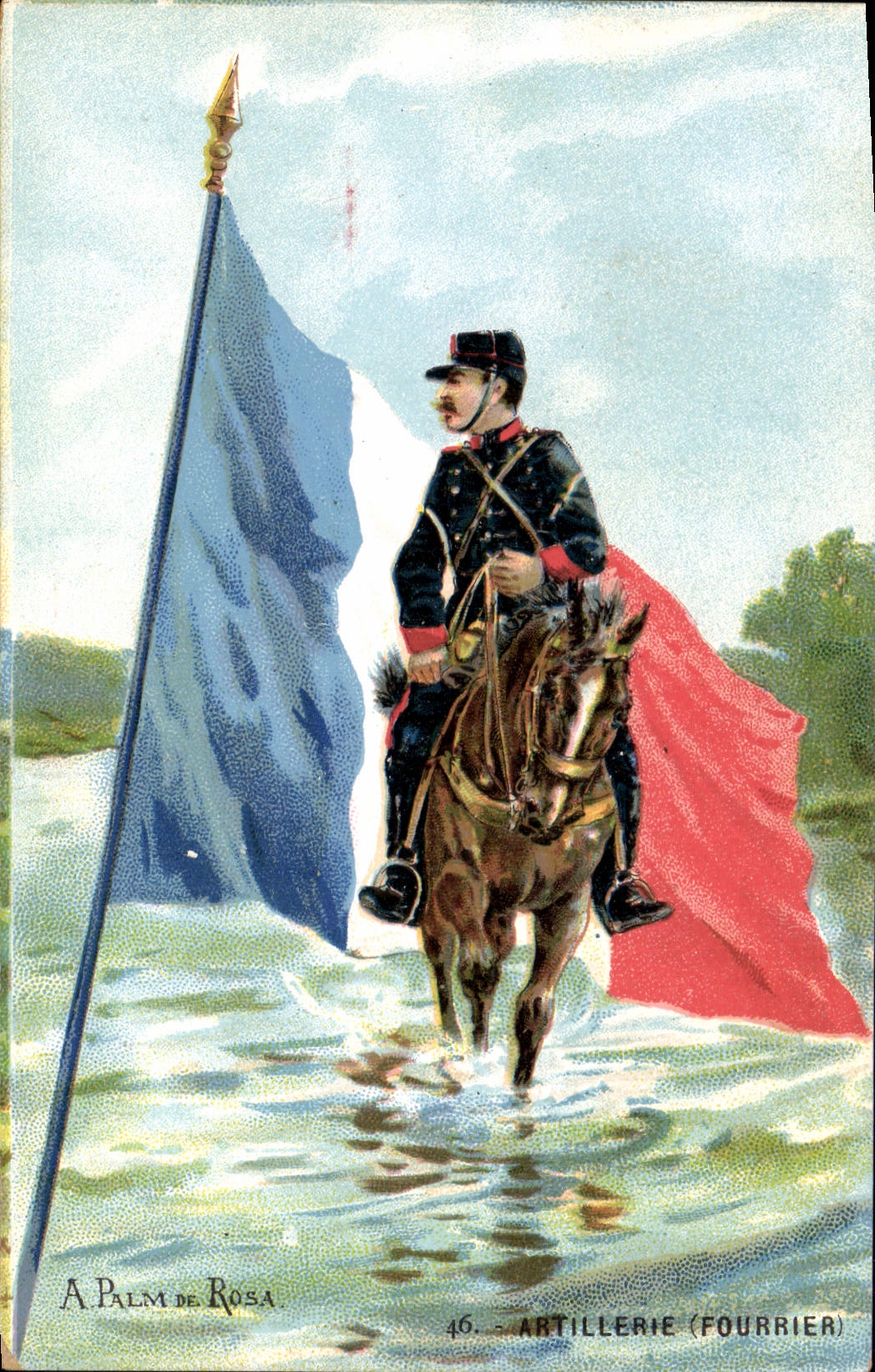 Artillerie (Fourrier) — soldat à cheval avec drapeau tricolore — A. Palm de Rosa, n°46