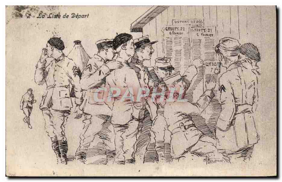 The Departure List — Group 22, 8 February — drawing by Marguer 1917