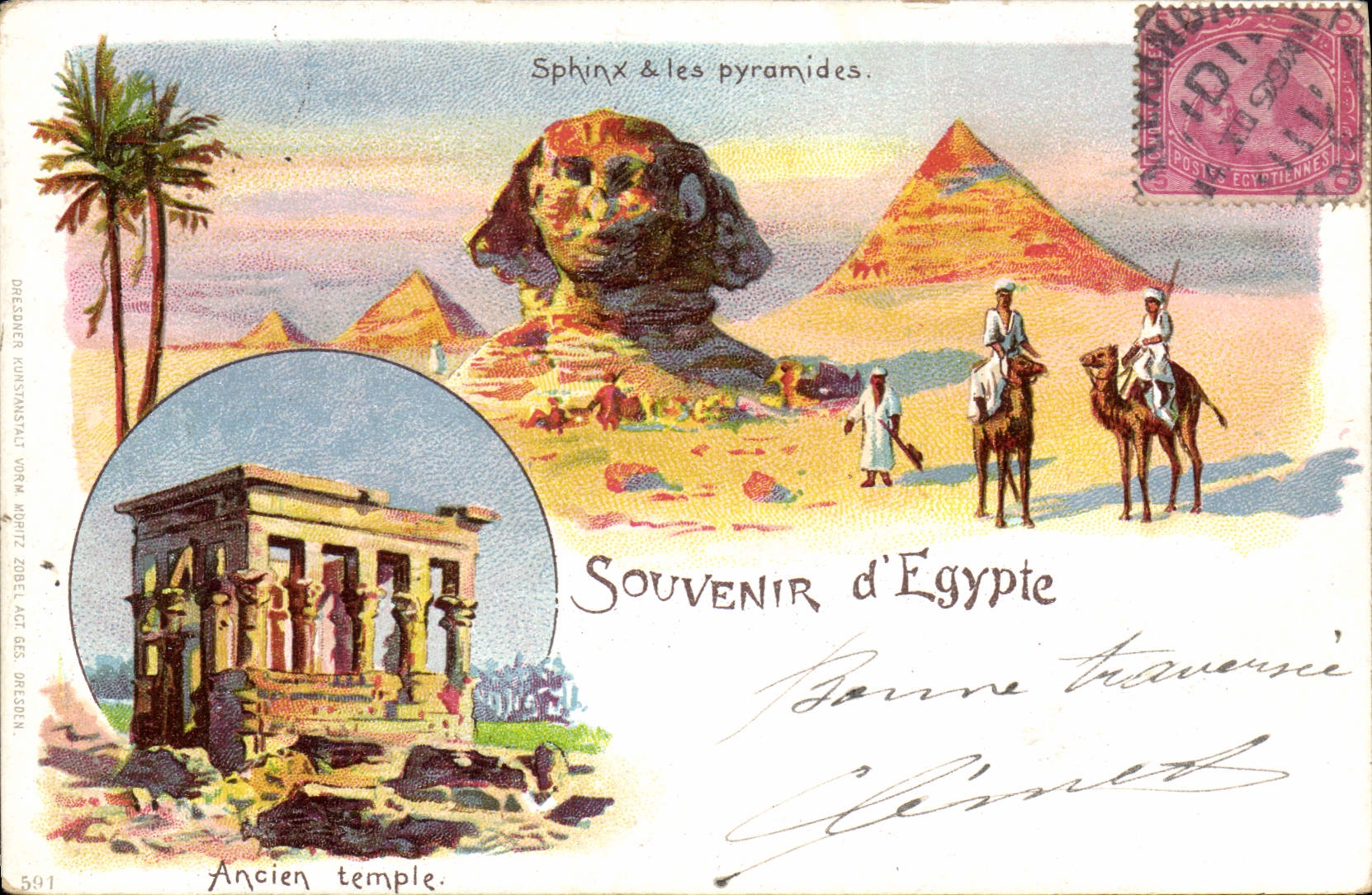 CPA Egypt Egypte Sphinx & les pyramides Ancien temple Souvenir d'Egypte 