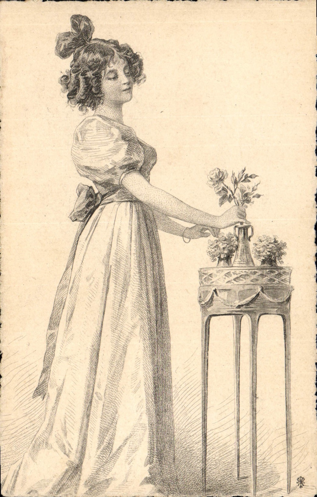 Femme en robe longue — arrangeant des roses dans un vase — éditeur Union Postale Universelle, n° 62