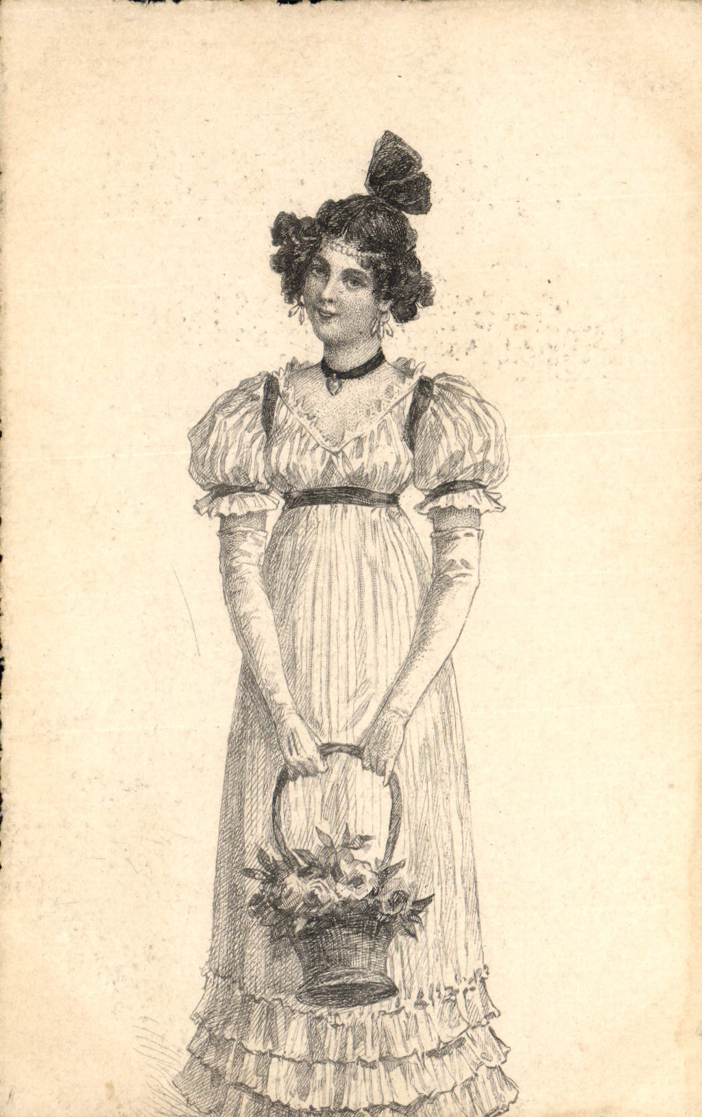 Jeune femme en robe à volants tenant un panier de fleurs — illustration — CPAPHIL