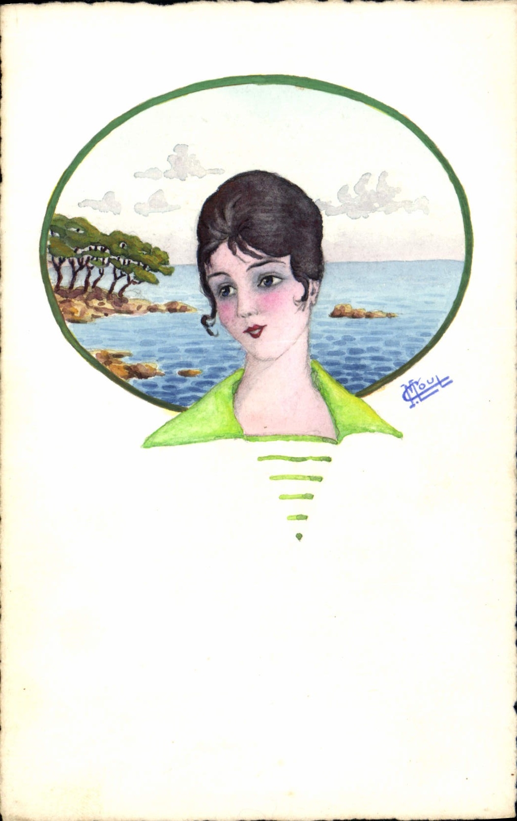 Jeune femme — paysage côtier — dessin de Ch. Gouil