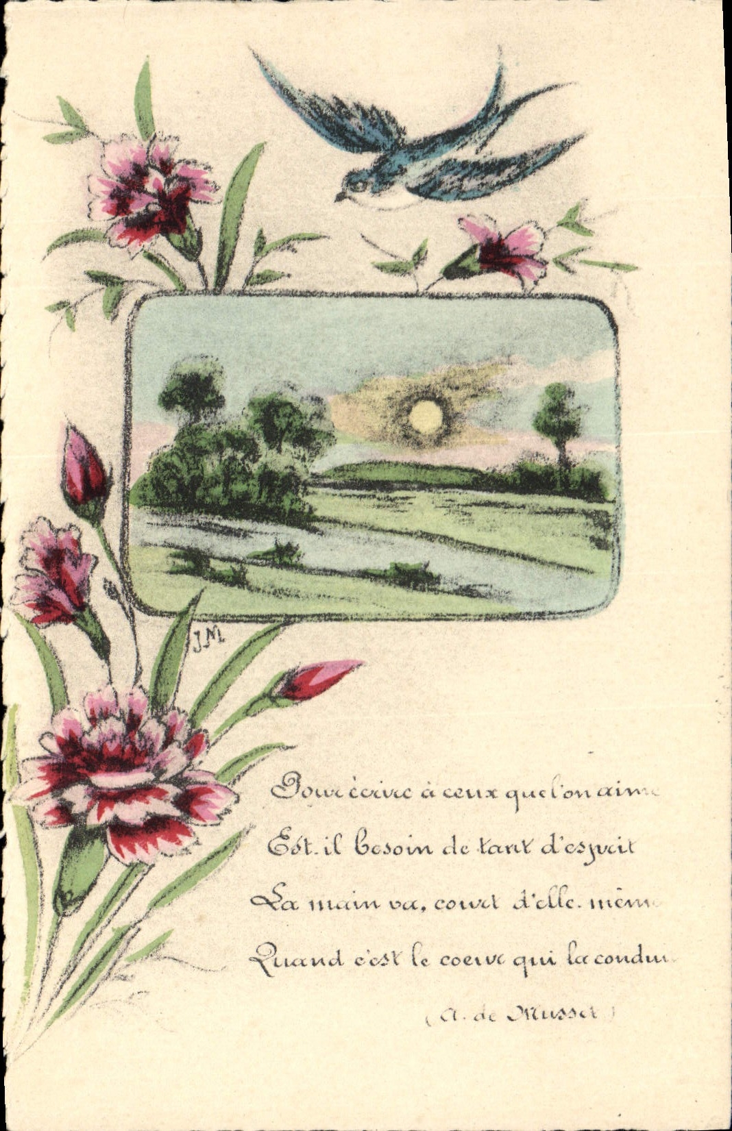 Paysage avec oiseau et fleurs — poème de Musset — J.M. (éditeur ?)