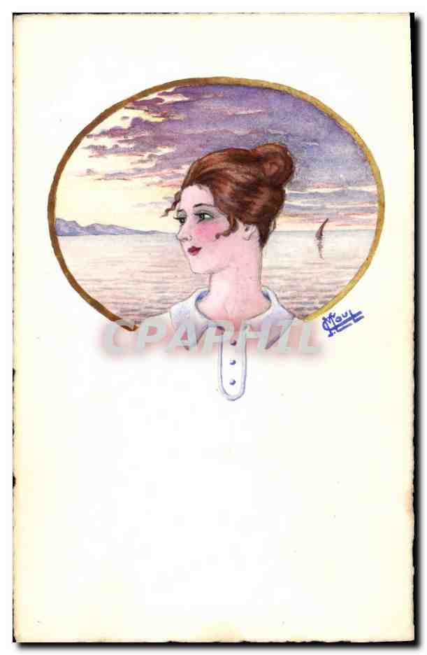 Jeune femme au bord de la mer — illustration signée Mauvi — éditeur non visible