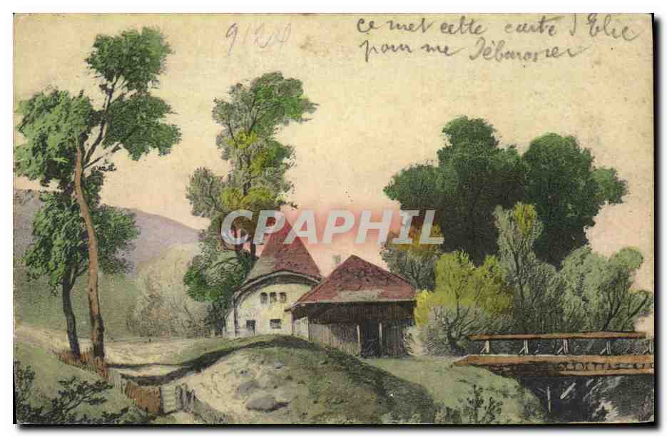 Paysage avec maison et pont — Éditeur non identifié, n° de série non visible