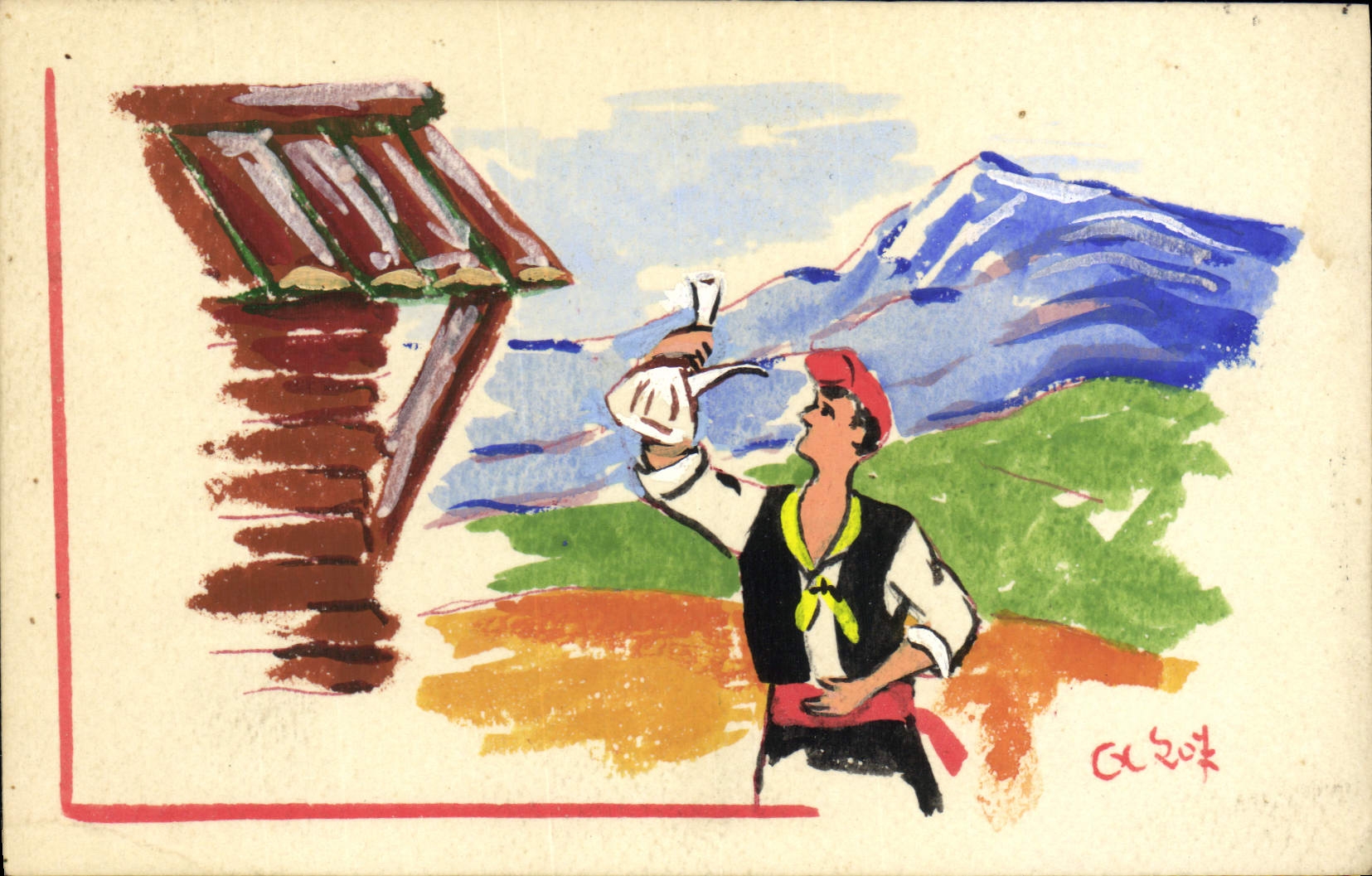 Homme en costume traditionnel buvant — montagnes en arrière-plan — œuvre de C. C. 204