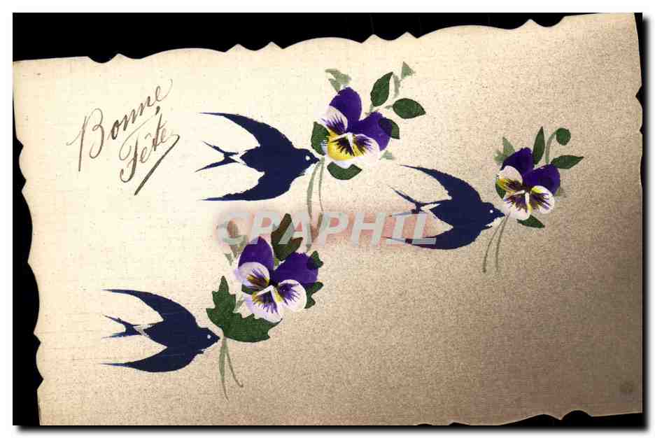 Oiseaux et pensées — violettes — Carte postale