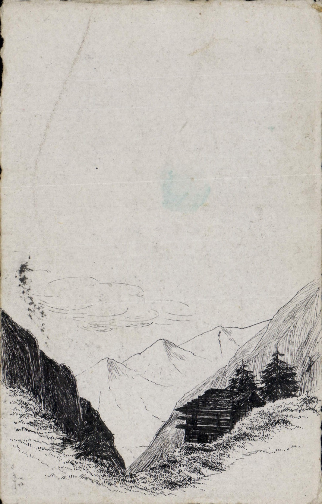 Vue de montagne — cabane en forêt — éditeur non identifié