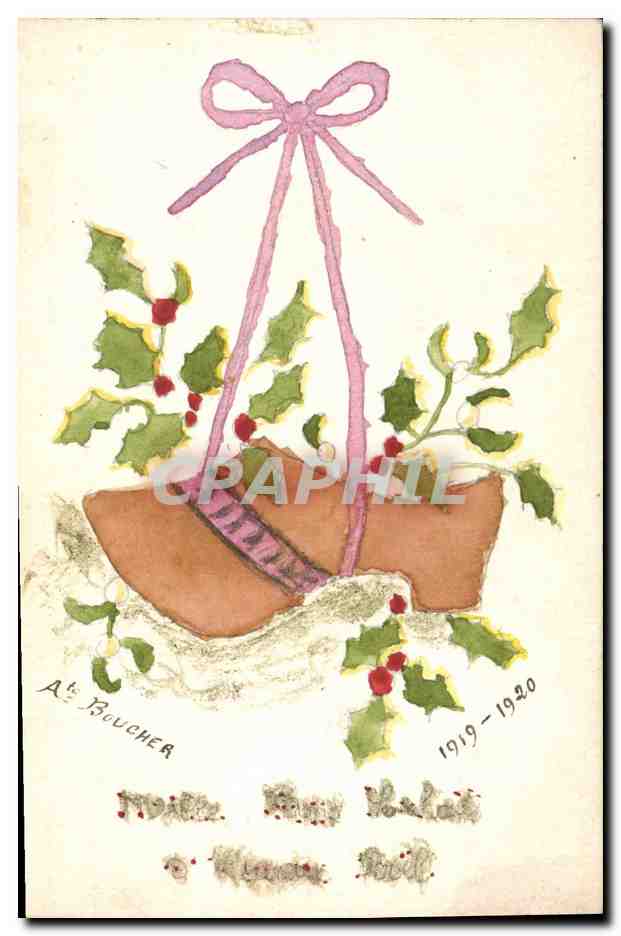 Chaussure de Noël décorée — houx et ruban rose — A. Boucher, 1919-1920