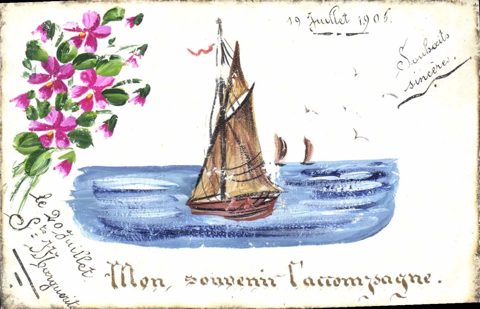 Bateau à voile et fleurs — illustration — S. Marguerite