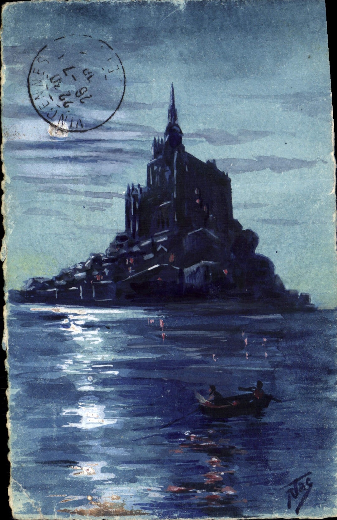 Monte San Miguel — vista nocturna — dibujo firmado 'P. JAS'