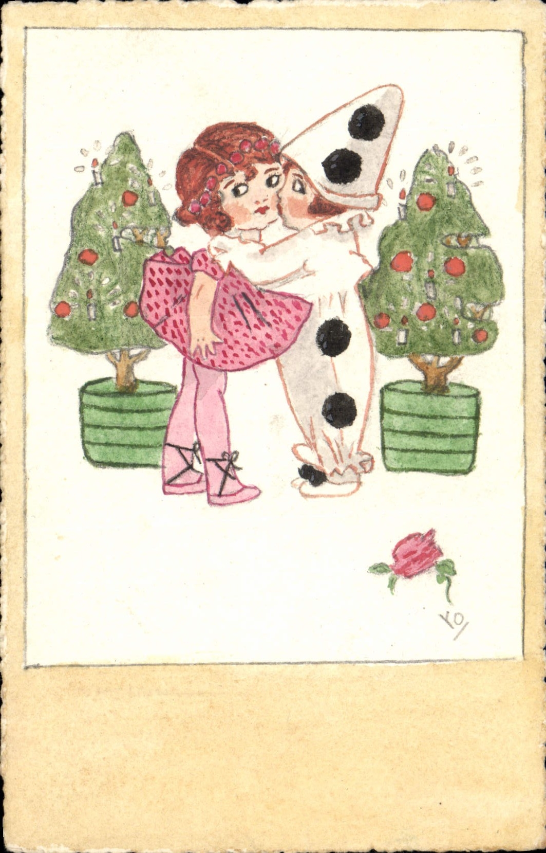 Enfants en costume de Noël — dessin à l'encre et crayon — signé 'YO' — éditeur inconnu