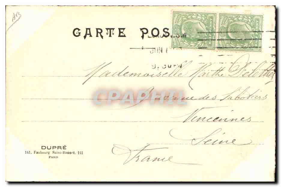 Femme en robe longue et chapeau — dessin — éditeur DUPRÉ, Paris — Verso