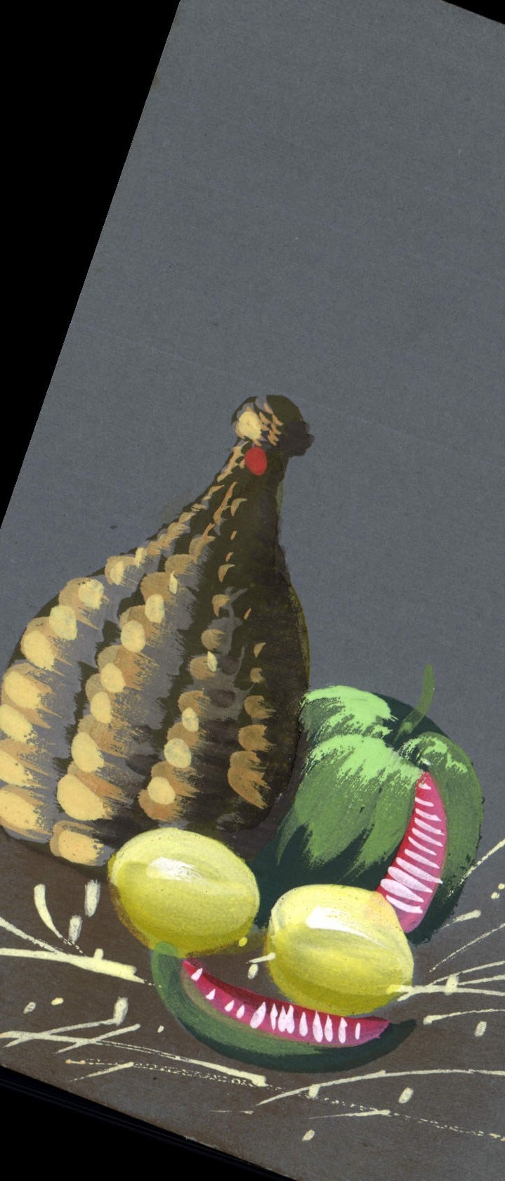 Gallina y frutas — ilustración estilizada — editor desconocido
