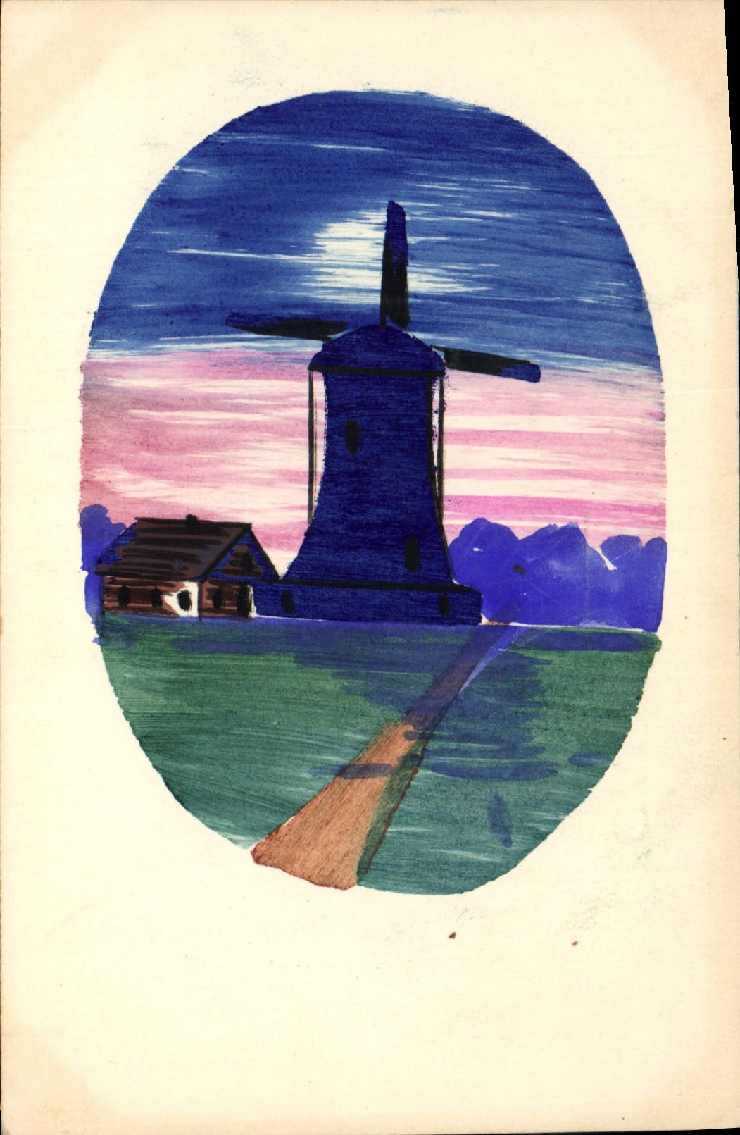 Moulin à vent — paysage crépusculaire — dessin à l'encre et aux crayons