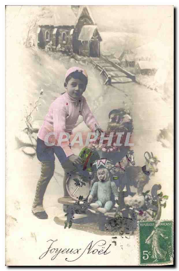 CPA Fantaisie Poupee  Enfants Luge Chevre Isard Joyeux Noel 