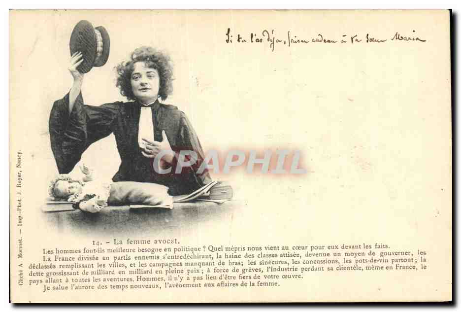 La femme avocat — caricature politique — Glitch A. Monnot, Imp. Phot. J. Rogers, Nancy, n°14