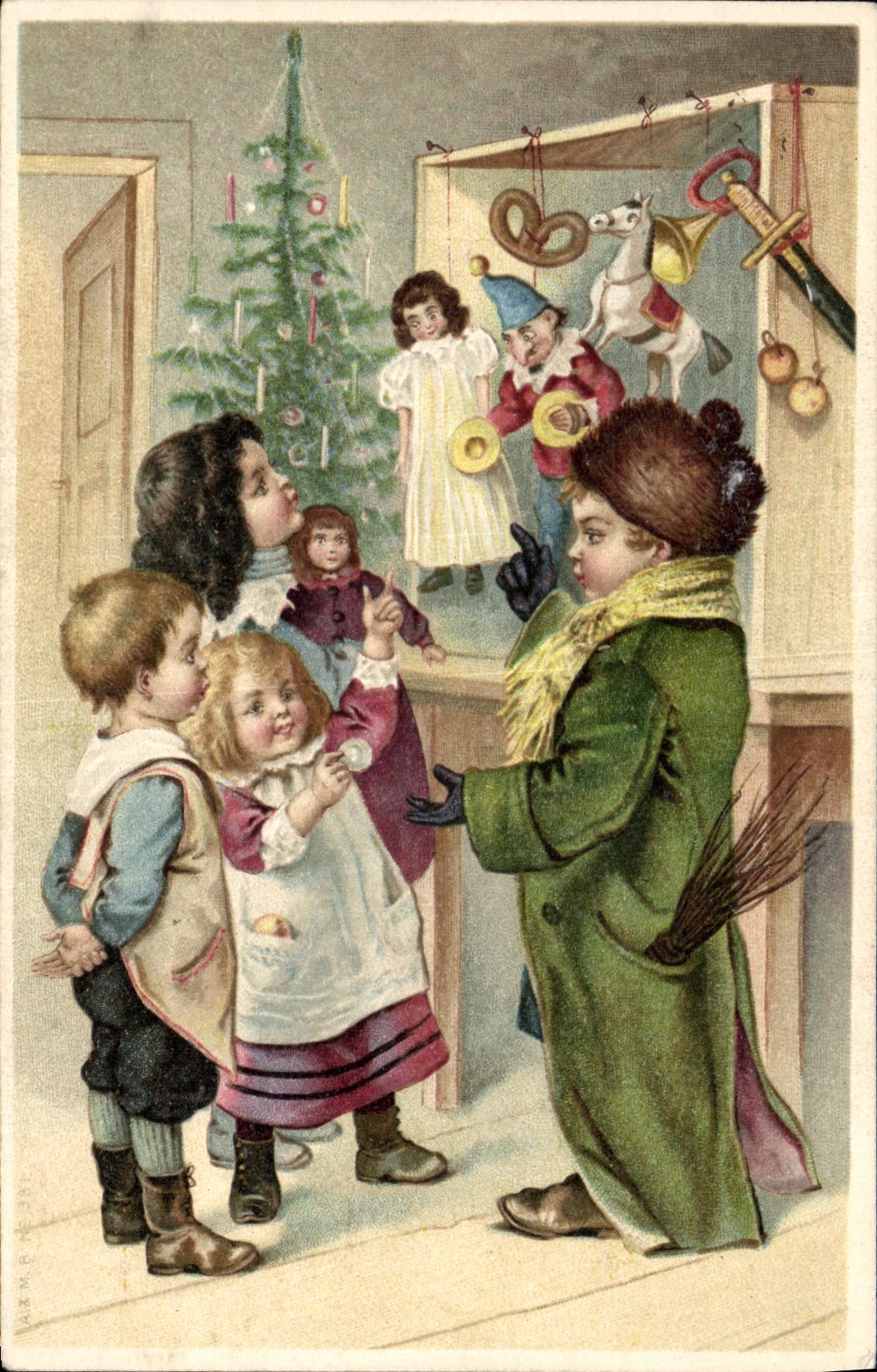 Kinder vor einem Weihnachtsbaum — Szene im Spielzeuggeschäft — anonymer Verleger, Nr. III