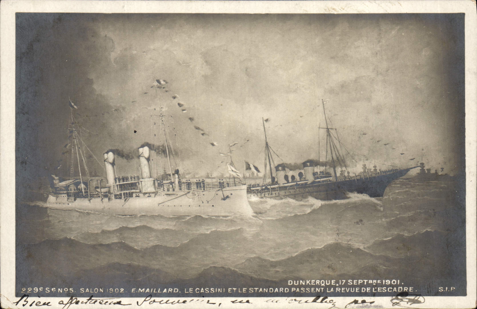 CPA Bateau de Guerre Dunkerque 17 Sptbre 1901 Le Cassini et le Standard passent la revue de l'escadr