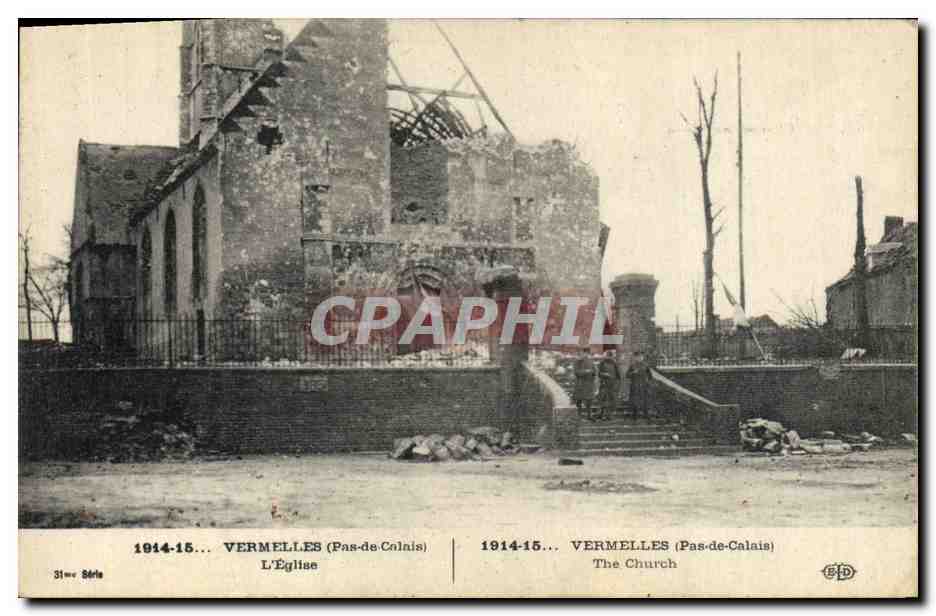 Vermelles (Pas-de-Calais) — Die zerstörte Kirche — Verlag B.D. (Serie 31.)
