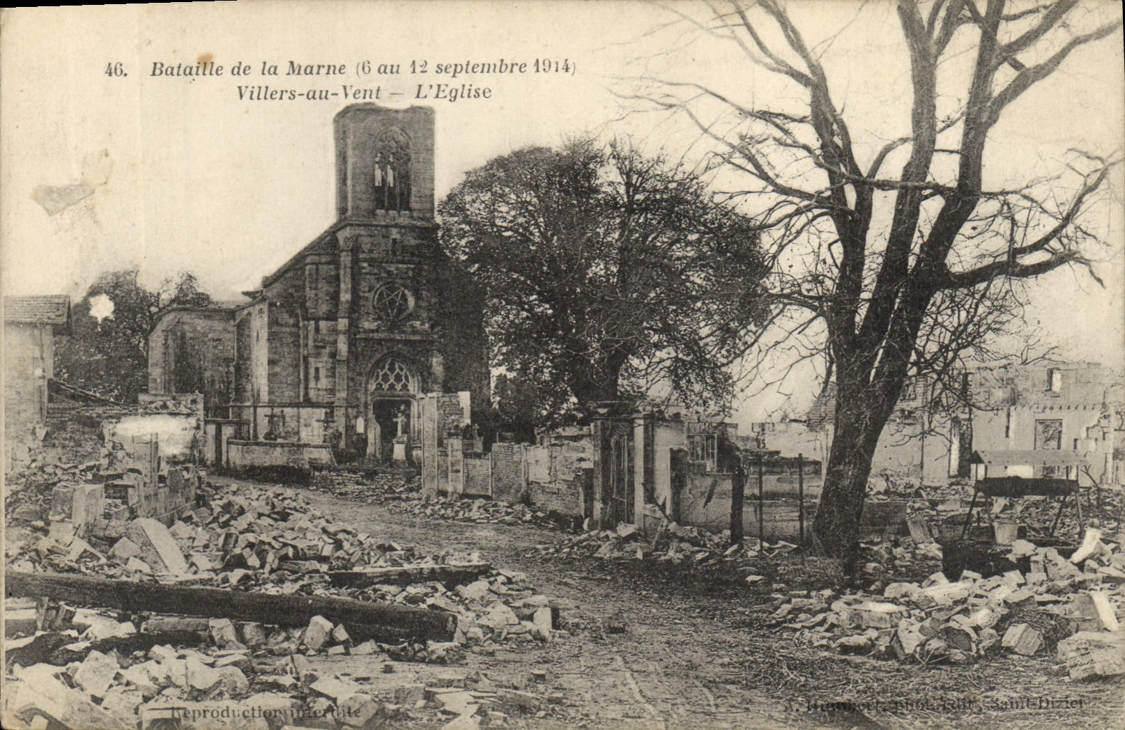 Bataille de la Marne (6 au 12 septembre 1914) — Villers-au-Vent — L'Église — Reproduction interdite — H. Hugonot, éditeur, Saint-Dizier