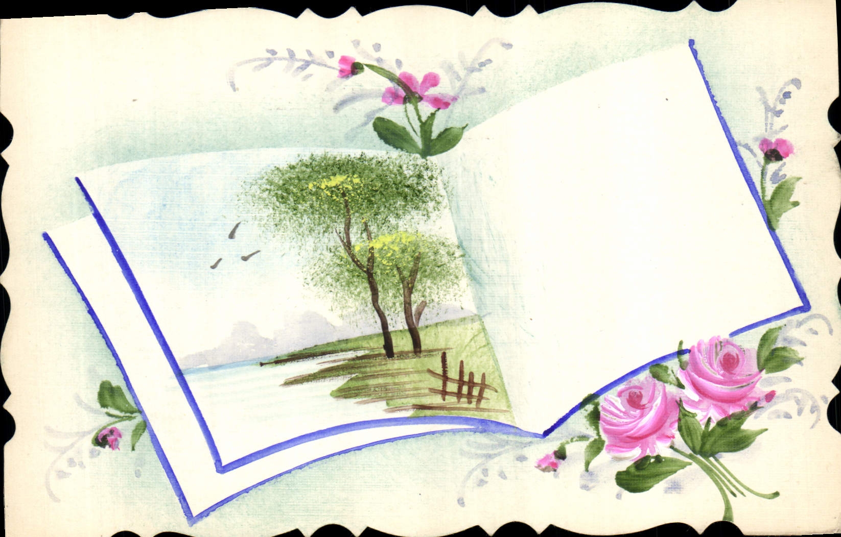 Livre ouvert — paysage avec arbres et fleurs — carte postale