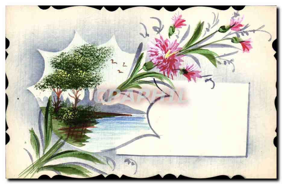 Lac et fleurs — illustration décorative — sans éditeur ni numéro visible