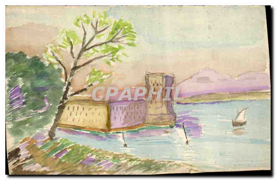 View of the Garoupe Tower — watercolor painting — no publisher or serial number visible